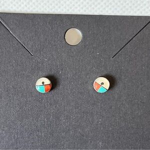 Vintage Zuni Sun Face Sterling Native American Turquoise Coral Stud Earrings